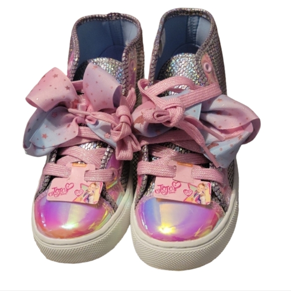 Jojo Siwa Girls Silver Mermaid Scales Bow High Top Sneakers Shoes Size 3 - Picture 1 of 7